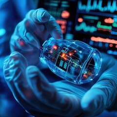 Aufkleber - Innovative technology being examined by a researcher in a lab setting with glowing holographic elements. Generative AI
