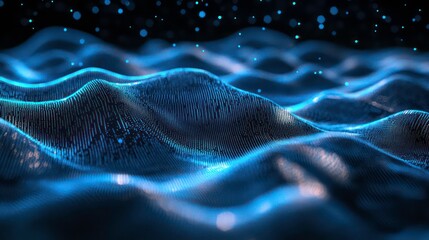 Poster - Abstract blue glowing wave particles background.