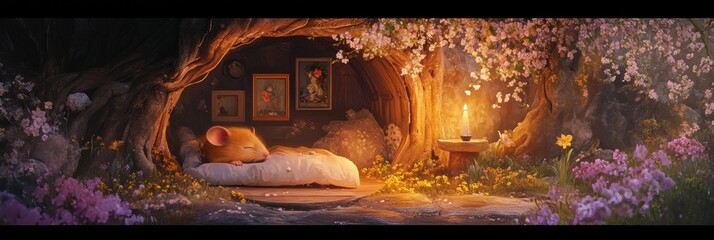 Poster - Cozy woodland retreat featuring a sleeping mouse in a flower filled environment with glowing candlelight. Generative AI