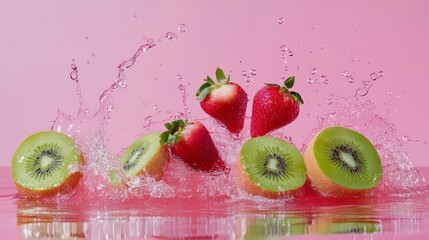 Poster - Fresh strawberries and kiwi halves splashing in pink water.