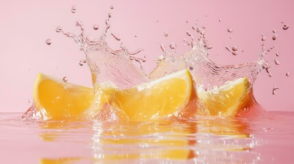 Poster - Three orange slices splashing in water against a pink background.