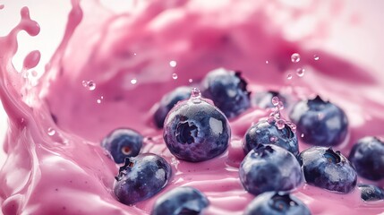 Aufkleber - Close-up of fresh blueberries splashing in pink yogurt.