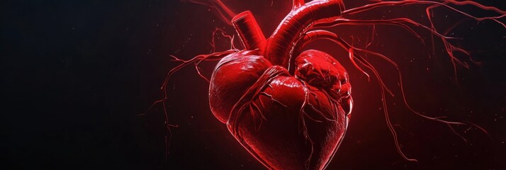 Aufkleber - Realistic depiction of a human heart with intricate details and vibrant colors against a dark background. Generative AI