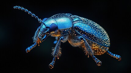 Wall Mural -   A focused image of a blue beetle on a dark background featuring blue dots on its legs