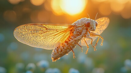 Wall Mural -   A focused photo of a pest perched on a bloom against the bright sky, while the surrounding area is hazy