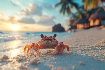 Wall Mural - Orange crab on tropical beach at sunset. Perfect for travel, summer, and ocean themes.