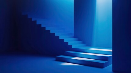 Leinwandbilder - Blue staircase in a minimalist, modern room illuminated by sunlight.