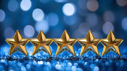 Poster - Five gold stars on blue glitter background.