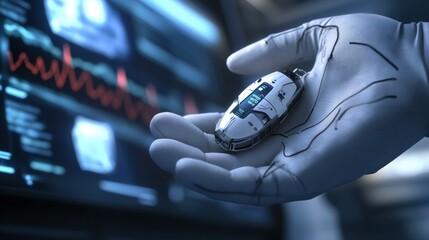 Fototapete - Futuristic robotic hand holding advanced device inside a high tech laboratory at night. Generative AI