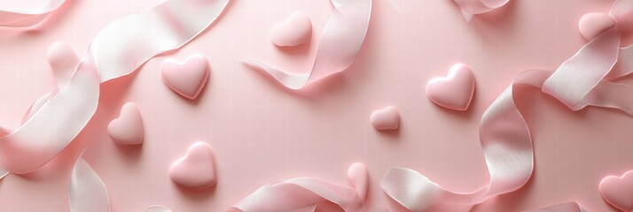 Poster - Decorative arrangement of pink hearts and ribbons on a soft pastel background for special occasions. Generative AI