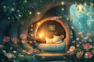 Poster - Cozy mouse resting peacefully in a magical tree hollow surrounded by flowers and soft lights during twilight. Generative AI