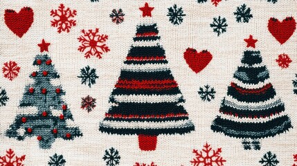 Wall Mural - Knitted Christmas fabric with trees, snowflakes, stars, and hearts.