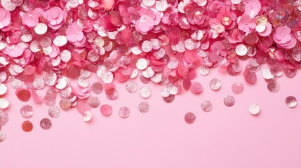 Poster - Pink confetti scattered on pink background.