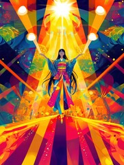 Leinwandbilder - Vibrant performance featuring a dancer in colorful attire illuminated by bright lights during a festive celebration. Generative AI
