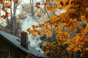 Fototapete - Cozy autumn afternoon with smoke rising from a cabin amidst vibrant orange leaves. Generative AI