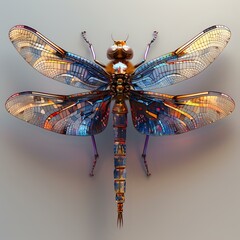 Poster - Futuristic mechanical dragonfly with iridescent wings and metallic body design perfect for technology, robotics, or science fiction projects. Detailed 3D artwork on neutral background.