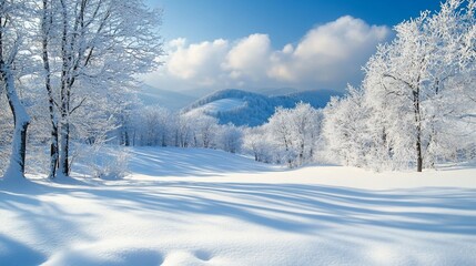 Wall Mural - Snowy mountain landscape, frosted trees, winter scene, serene