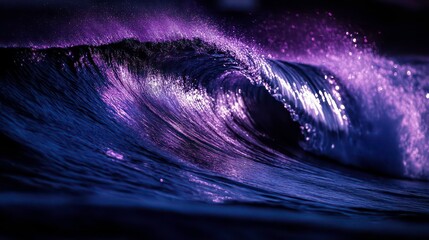 Poster - A powerful ocean wave at night, illuminated with purple and blue light, creating a surreal and dramatic scene.