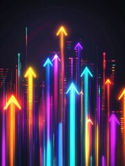 Poster - Colorful neon arrows pointing upward in a vibrant abstract design portraying growth and progress. Generative AI