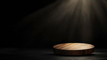 Poster - Dark room, spotlight on round wooden platform.