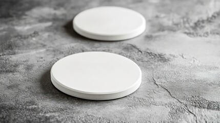 Aufkleber - Two blank white round podiums on a gray textured background.