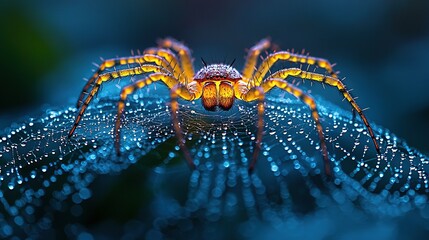 Wall Mural -   A close-up of a spider on a blue surface with droplets of water on its back and legs