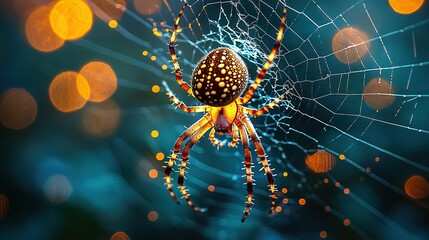 Wall Mural -    a spider on its web with a blurry yellow and blue background