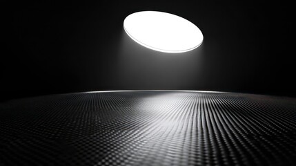 Poster - Dark room with illuminated oval ceiling light casting beam on textured floor.