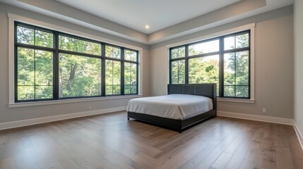 Poster - Modern bedroom with large windows, hardwood floors, and a comfortable bed.