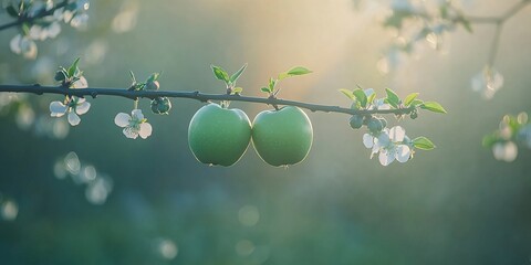 Wall Mural - Sunrise orchard Two green apples on a blossoming branch