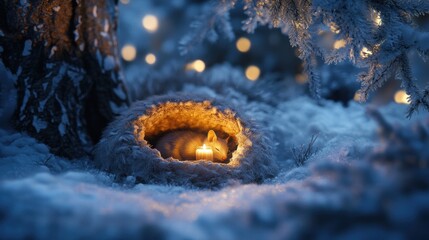 Poster - Cozy kitten resting in a soft nest surrounded by shimmering snow and sparkles during a serene winter night. Generative AI