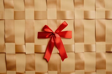 Leinwandbilder - Woven texture with a bright red ribbon and bow centered on a neutral background creates a festive atmosphere for gifting. Generative AI