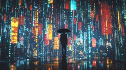 Aufkleber - Silhouette of person with umbrella in colorful digital rain.