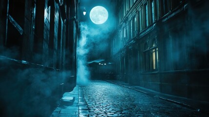 mysterious cobblestone street at night, full moon, fog.