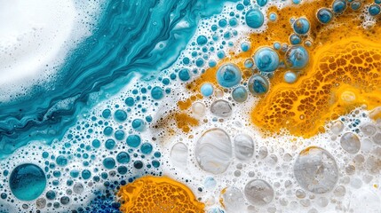 Wall Mural -  A blend of blue, yellow, and white gas bubbles suspended in a combination of liquid and oil on a pure white background