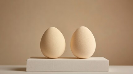 Poster - Two pale eggs sit side-by-side on a small white platform against a beige background.