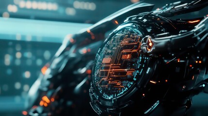 Poster - Close-up of a futuristic, intricate machine with glowing orange and blue details.