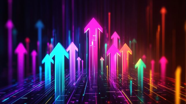 Colorful digital arrows pointing upward in a dynamic abstract background with vibrant hues and neon lights. Generative AI