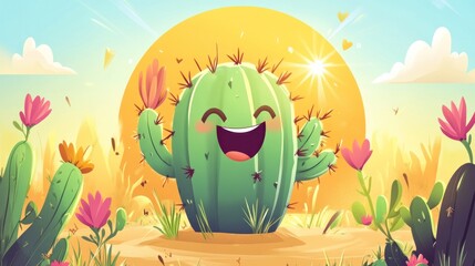 Poster - Happy cactus in a desert landscape with flowers.