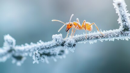 Wall Mural -   Close-up of an orange insect on frosty grass with a blue sky background