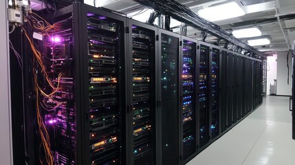 Poster - Data center with rows of server racks and network cables.