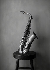 Poster - Saxophone resting on black stool against gray background