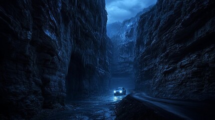 Canvas Print - Car driving through canyon at night with cliffs.