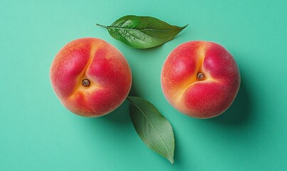 Sticker - Two ripe peaches, leaves, teal background; food photography