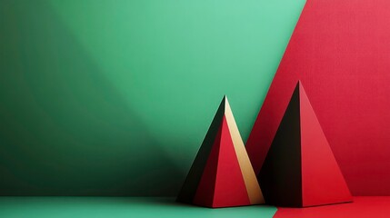 Leinwandbilder - Two geometric pyramids, red, black, and gold, against a green and red background.