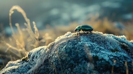 Wall Mural -   A green bug perched atop a rock shrouded in frosty grass, with a hazy sky in the backdrop