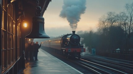 Sticker - Vintage steam train arrives at misty station platform