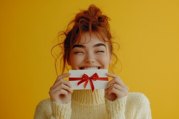 Happy young woman slim body hold gift certificate coupon voucher store card isolated on vivid yellow color background studio.