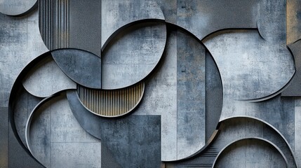 Aufkleber - Abstract geometric pattern with gray and gold circles and rectangles on a textured background.