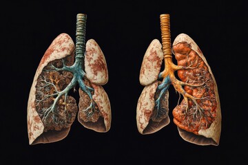 Poster - Comparison of healthy lungs and diseased lungs showcasing the impact of respiratory conditions. Generative AI